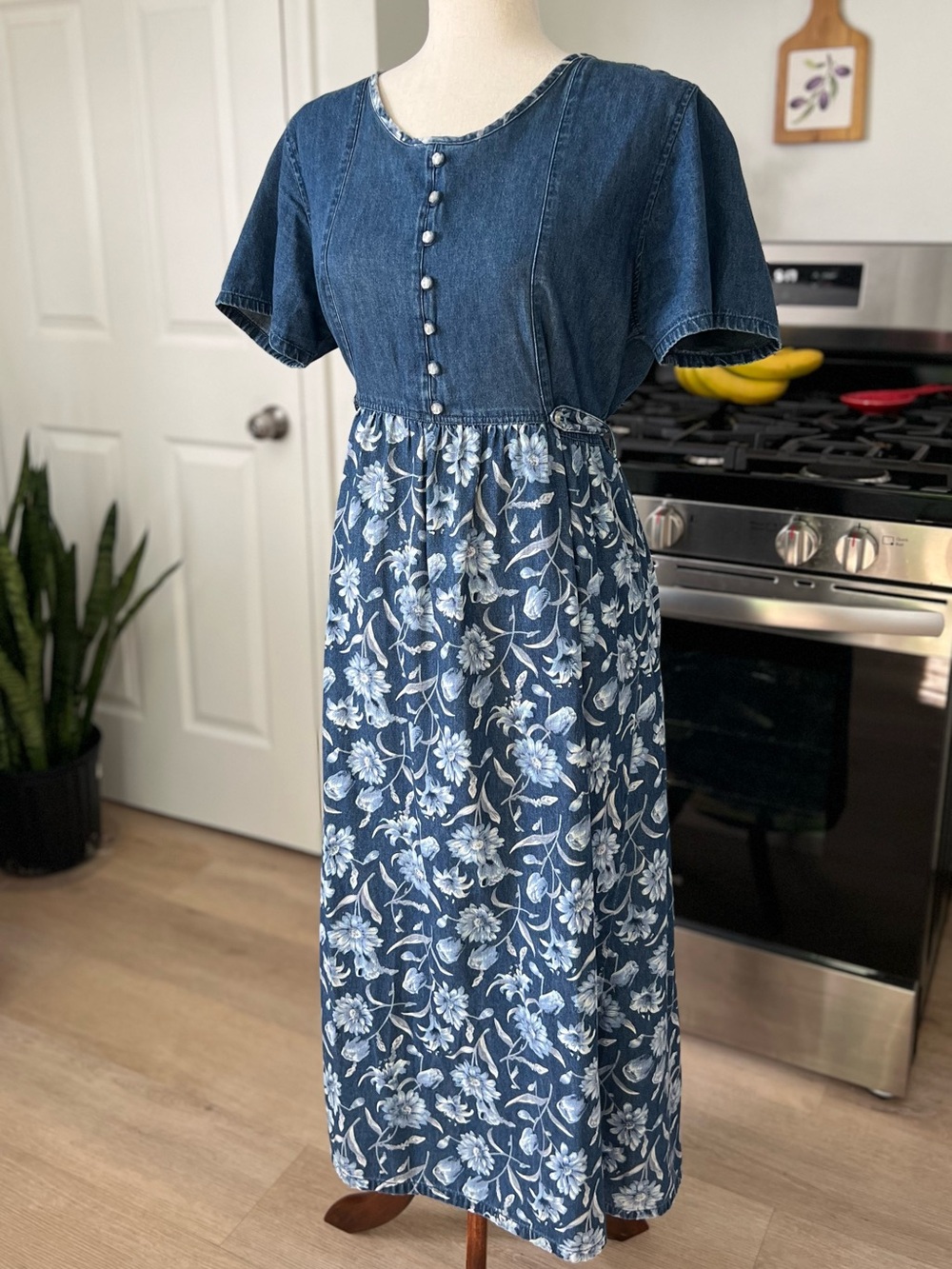 Vintage Cottagecore Cotton Denim Floral Feminine Modest Tie Waist Maxi Dress